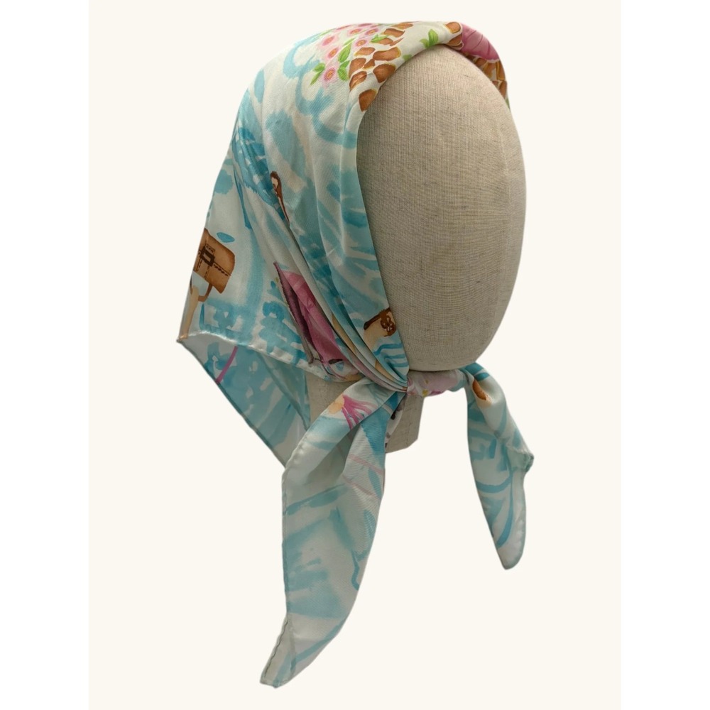 Talbots Silk Scarf Blue Pink Novelty Print Women Shopping Dogs Square Scarf